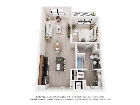 A 3D floor plan of a small apartment with a kitchen, living room, and bathroom.
